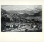 Segantini, Giovanni , Panorama alpino con una contadina e la sua mandria in un prato e montagne innevate sullo sfondo