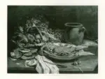 Boudin, Eug&egrave;ne , Still life with a lobster, oysters, vegetables and a pot