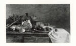 Anonimo , Boudin, Eugène - sec. XIX - Still-life with plums, beef, silver ladle and mixing bowl