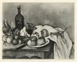 Anonimo , C&eacute;zanne, Paul - sec. XIX - Cipolle, bottiglia, bicchiere e piatto