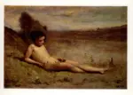 Corot, Jean Baptiste Camille , Jeune baigneuse couch&eacute;e sur l'herbe au bord d'un &eacute;taup