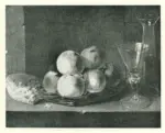 De La Porte, Henri Horace , A Still Life oh Peaches a loaf of bread,and a glass and carafe of wine