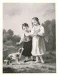 Diaz De La Pena, Narcisse , Deux pertites Filles et leur Chien &agrave; la Campagne -