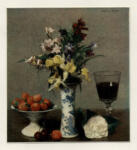 Fantin - Latour, Henri , - vaso di fiori con frutta e bicchiere di vino
