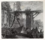 Isabey, Jean Baptiste , Barche all'ingresso di un castello, con figure intorno a un fuoco -