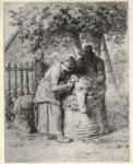 Millet, Jean Francois , Donna e uomo tosando una pecora