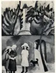 Macke, August , Drei M&auml;dchen mit Hund vor Gartenotr