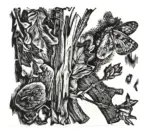 Anonimo , Orlowski, Hans - sec. XX - Natura morta con farfalla, tronco e foglie