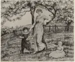 Greenaway, Kate , A mother with two children in an orchard