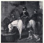 Herring, John Frederick , A Cavalier and his Lady mounted on Grey Horses in a Castle -