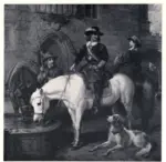 Herring, John Frederick , A Cavalier and his Lady mounted on Grey Horses in a Castle