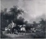 Shayer, William , A Shepherdess Watering Cattle and Sheep at a Farm Pump