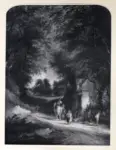 Williams, Edward Charles , A country lane, with figures outside a cottage