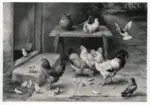 Hunt, Edgar , Farmyard Friends: Hens, Chicks and Fan - tailed at a Cottage Door