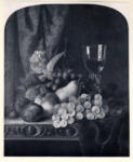 Ladell, Edward , A still life of grapes, peaches, plums, a pear and a wine glass on a table with a green cloth -