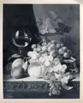 Ladell, Edward , A still life with grapes, peaches, raspberries, plums and other fruit with a goblet of wine