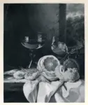 Ladell, Edward , A still life with shrimps, a peeled lemon, a rummer of white wine, and a plum, on a table by a window