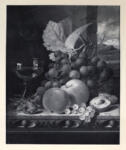 Ladell, Edward , A still life of grapes, peaches, currants, nuts and arummer, on a carved wooden ledge by a window with a mountain landscape -