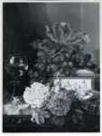 Ladell, Edward , Grapes, roses, a wine glass and a carved ivory casket -
