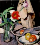 Peploe, Samuel John , Red and Mauve tulips in a glass vase fruit on a plate -