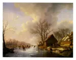 Schelfhout, Andreas , Skaters on a frozen river in an extensive wooded landscape