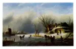 Spohler, Jan Jacob Coenraad , Figures on a frozen river at Dusk