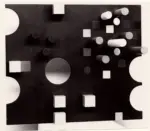 Taeuber-Arp, Sophie , Rilievo rettangolare, cerchi ritagliati. Quadrati dipinti e ritagli cubi e cilindri in rilievo