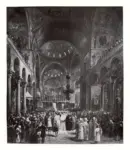 Anonimo italiano sec. XIX/ XX , The Duke Andre Dandolo departing for the crusade, from St Mark's Cathedral, Venice