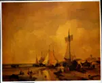 Schelfhout, Andreas , Figure con barche da pesca ormeggiate